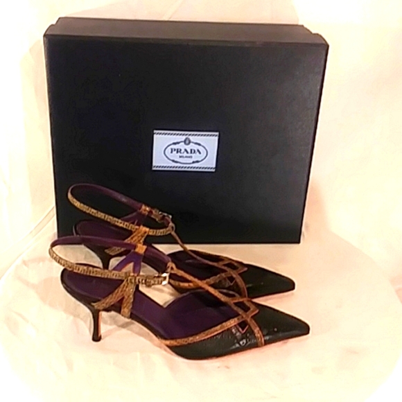 🔥 NWT Prada Black/Snake Skin Leather Kitten Heels - Picture 5 of 11